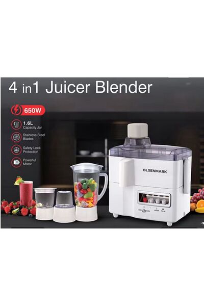 Olsenmark 4-in-1 Food Processor, 650W - Blender, Grinder, and Chopper - 1.8L Capacity with Overheat Protection