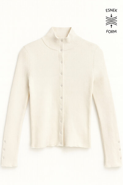 Mixray 6983 Women's Mock Neck Corded Fabric Buttoned Knitwear Cardigan Natural