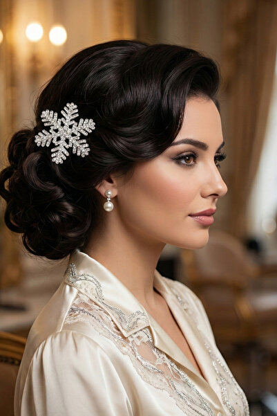 Modex Silver Color Stone Double Snowflake Hair Side Clip (5Cm-3Cm)