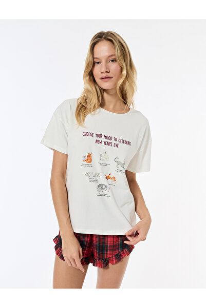 Koton Cat Printed Short-Sleeved Crew Neck Oversized T-Shirt Pajama Top