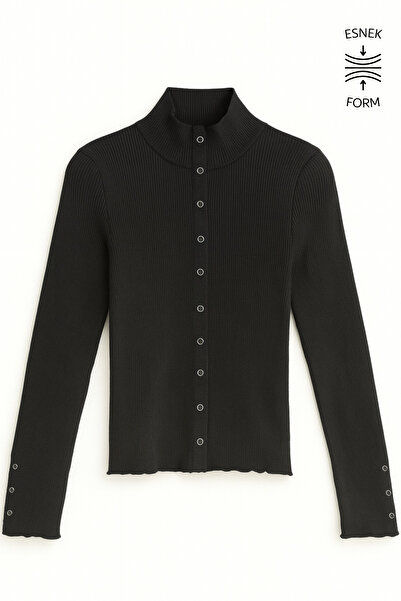 Mixray 6983 Women's Mock Neck Corded Fabric Snap Fastener Knitwear Cardigan Black