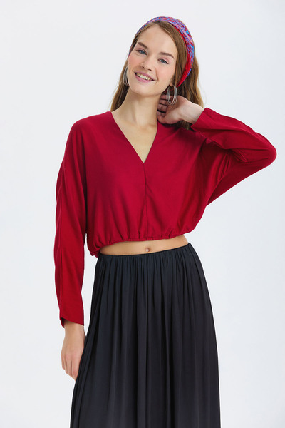 Clandestino Elastic Waist Long Sleeve Crop Blouse Red