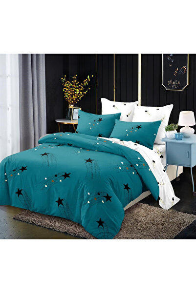 Pucioasa Finet 6-piece double bed linen for 2 people, Blue with Black stars pattern