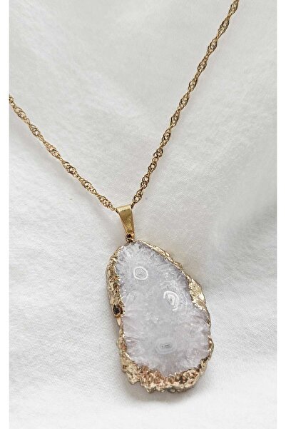 MITH SB TAKI Stainless Steel Chain White Druzzy Agate Natural Stone Necklace-...