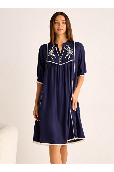 FAV Midi Night Dress 3/4 Sleeves Floral Embroidery Viscose