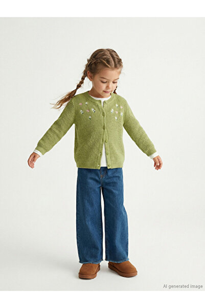 LC Waikiki Green Floral Embroidered Girls' Knitwear Cardigan from Patenth