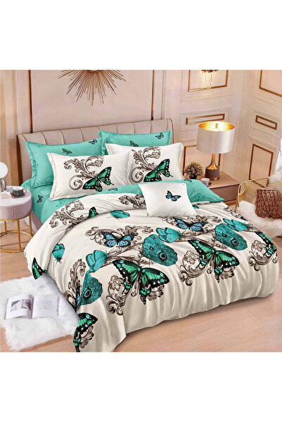 trendyhome Set de lenjerie de pat din bumbac fin, cu elastic - fluturi, verde...