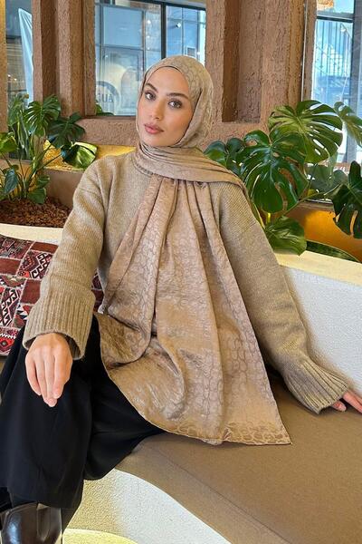 lamelif Bloom Desen Ayrobin Floş Jakar Şal vizonrengi