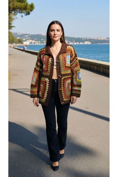 Gönülden Tasarım Hand Knitted Brown Design Women's Cardigan