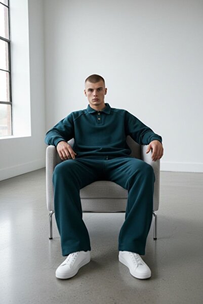 Altamira Men's 3 Thread Thick Petrol Blue Buttoned Polo Neck and Baggy Tracks...