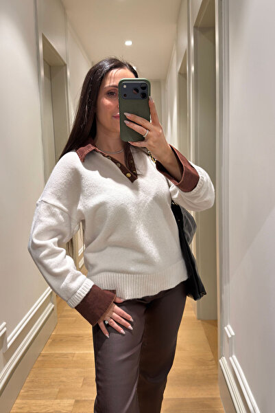 MAGARDE Collar Jean Paneled Knitwear Sweater- Ekru