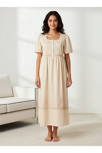 FAV Night Dress with Short Sleeves and Embroidery Cotton