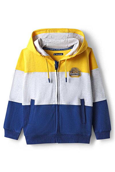 Pine kids سترة رياضية قطنية محبوكة بأكمام طويلة وغطاء رأس بغطاء رأس بشعار - أ...