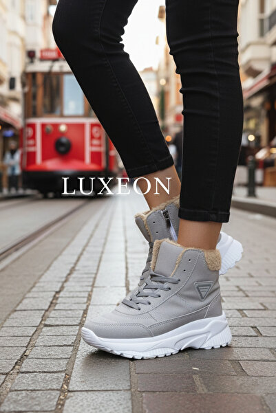 LUXEON Women's Gray Winter Fur-Lined Waterproof Zippered Casual Boots Stylish...