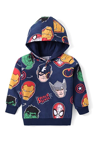 Babyhug Marvel هودي من القطن المحبوك بأكمام طويلة مع طبعة أفينجرز - أزرق داكن