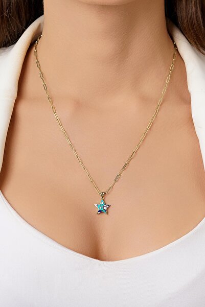 Fiyonk Kuyumculuk 14 Ayar Altın Ataç Zincirli Renkli Yıldız Kolye