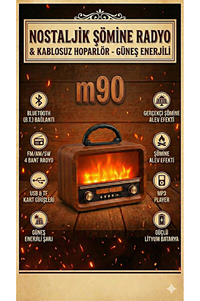 M90 Şömine Görünümlü Solar Güneş Enerji Ahşap Nostalji Bluetooth Usb Sd Mp3 Radyo Müzik Kutusu
