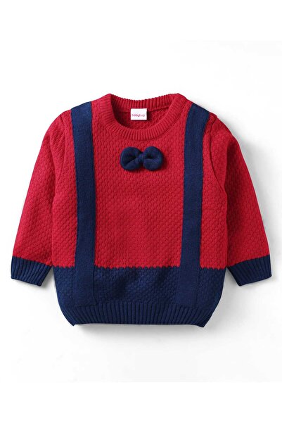 Babyhug Knit Full Sleeves Pullover Sweater With Bow Applique - Red