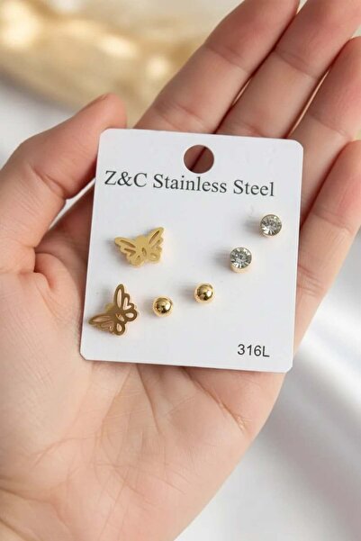 Clariss Çelik Gold Renk Zirkon Taşlı Kelebek Figür Kadın Küpe Seti