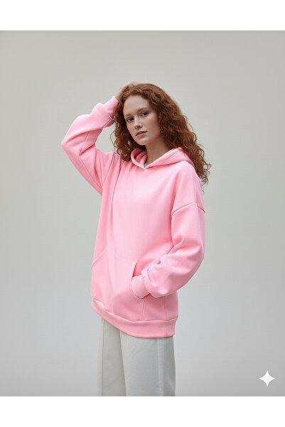 FAVORİST Women's Basic Hooded Soft Fleece-Lined Combed Cotton