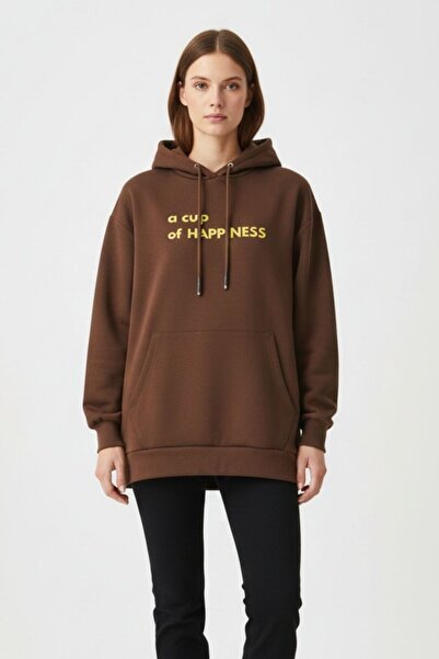 Mizalle Yumuşak Dokulu Kapüşonlu Kahverengi Sweatshirt
