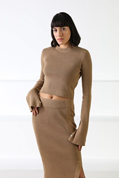 Ferraro Camel Long Sleeve Crew Neck Buttoned Sleeves Cashmere Women's Knitwear Sweater