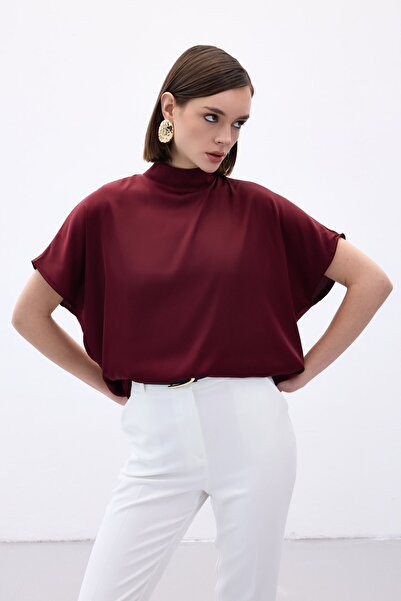 Sateen Batwing Sleeve Casual Blouse - Burgundy