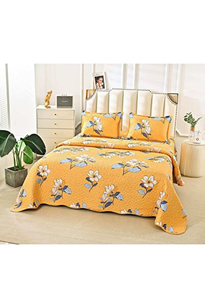 trendyhome Cuvertură pentru pat dublu, 3 piese, floral, galben - P23791