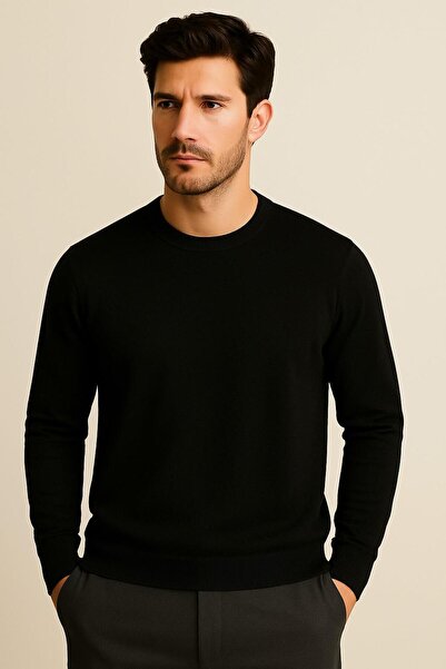 Katia&Bony Men's Premium Crew Neck Soft Textured Knit Sweater Black