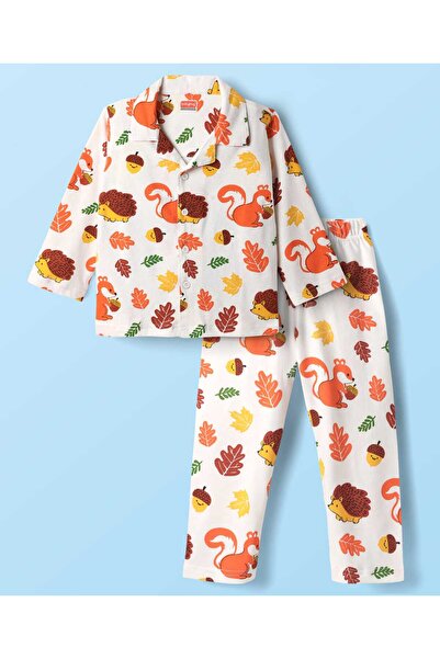 Babyhug Cotton Knit Full Sleeves Co-Ord Night Suit With Squirrel & Porcupine Print - White