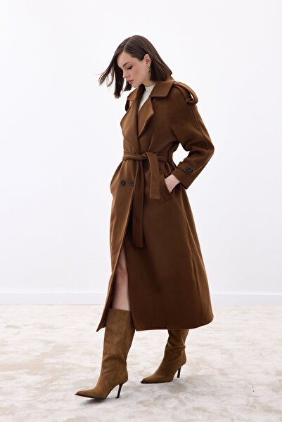 Sateen Wide Collar Long Coat - Brown