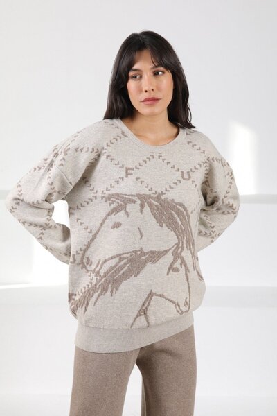 Ferraro A.Beige/Mink Long Sleeve Crew Neck Cashmere Embossed Patterned Women's Knitwear Sweater