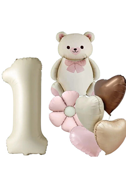 Öztürkpartievi Teddy Bear & Heart Pastel Birthday Balloon Set – 1 Year Old Concept Party Decor