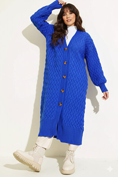 benguen Knitted Patterned Long Knitwear Cardigan R4201 Cobalt Blue