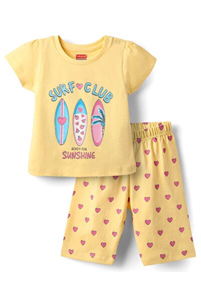 Babyhug Cotton Knit Half Sleeves Capri Night Suit With Surfing & Heart Print - Yellow