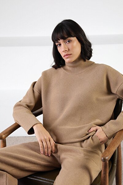 Ferraro Camel Long Sleeve Turtleneck Side String Detailed Cashmere Women's Knitwear Sweater