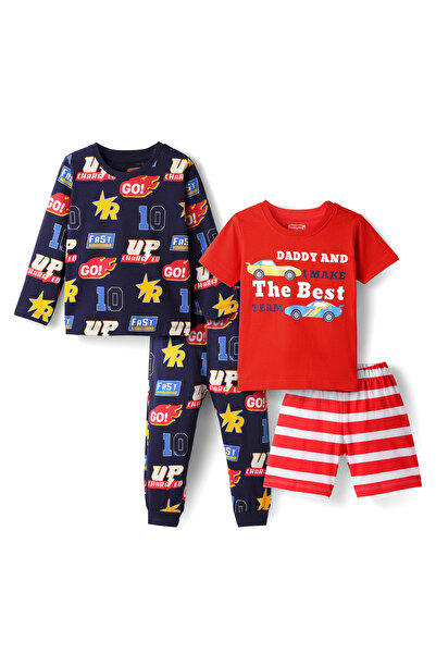 Babyhug Cotton Knit Full&Half Sleeve Night Suit Stripes&Sport Theme Print Set Of 2-Navy Blue&Red