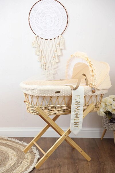 Mini Baby Moses Basket Baby Bed - Beige with Foldable Wooden Stand