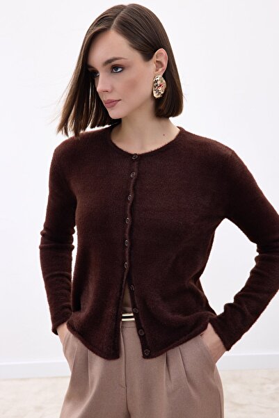 Sateen Buttoned Bearded Cardigan - Brown