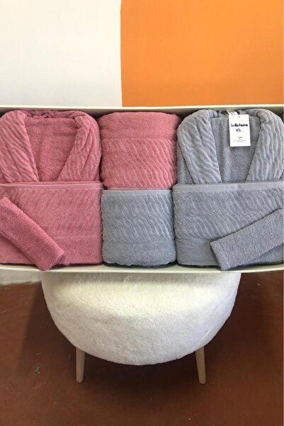 Çeyiz Diyarı Zebra 8 Piece Family Bathrobe Set Dusty Rose - Gray