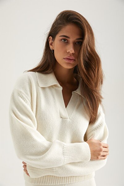 Ferraro Ecru Shirt Collar Long Sleeve Cashmere Women's Knitwear Sweater