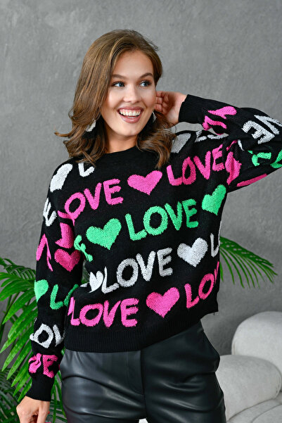 Park Karon Pulover tricotat din țesătură cu model Love guler rotund pentru femei 10469