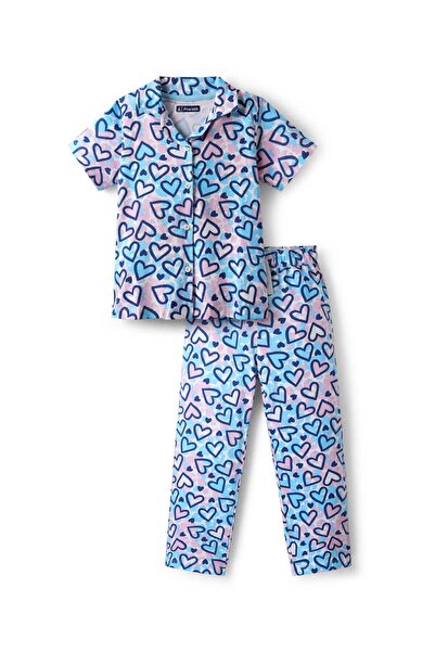 Pine kids طقم بيجاما من قطعتين بنصف كم وطبعة قلوب - أزرق