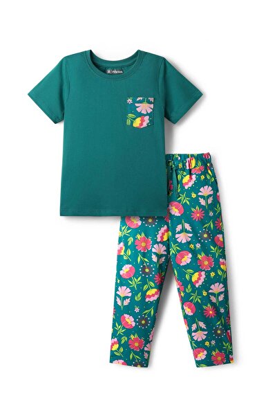 Pine kids بيجامة نوم نصف كم من نسيج جيرسي ناعم مزين بطبعة زهور - أخضر