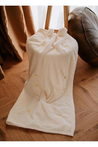 MYROKA Welsoft Battaniye Krem Papatya Desen Nakışlı