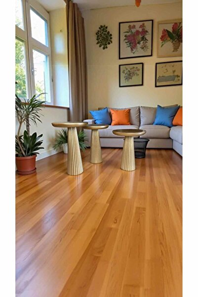 Simillo Home&Living Doğal Ahşap 3’lü Mantar Sehpa Seti – Altın Renk Yan Sehpa