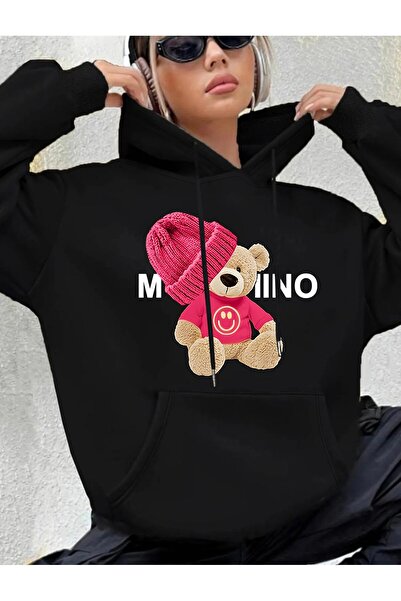 Marco Fresco Pink Hat Teddy Bear Pattern Print Hooded Sweatshirt