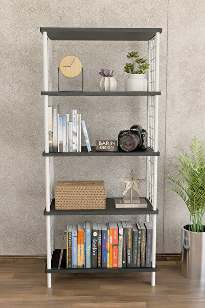BARIN DESIGN 5 Raflı Beyaz Telli Metal Kitaplık Salon, Ofis, Çalışma Odası - ...