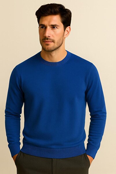 Katia&Bony Men's Premium Crew Neck Soft Textured Knit Sweater Blue
