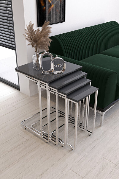 Nies Aksesuar ESLEM 4'LÜ KARE ZİGON TEKERLEKLİ GÜMÜŞ KAPLAMA ANTRASİT MDF MEBRAN